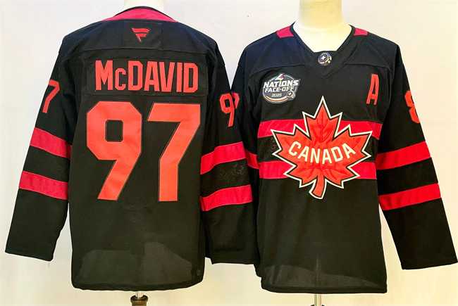 Mens Canada #97 Connor McDavid Black 2025 4 Nations Face-Off Premium With A Patch Stitched Jersey